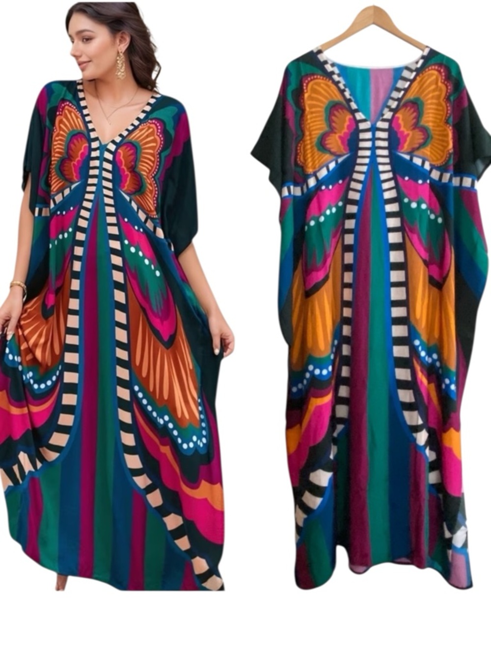 ✨NEW✨ Colorful Butterfly Kaftan Coverup Boho Mu Mu Mumu Dress Womens One Size OS